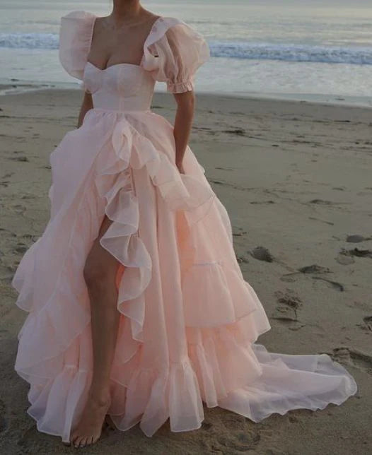 Luolandi Sweetheart A Line Long Prom Dress Short Puff Sleeves Ruffles Prom Party Gowns Princess Formal Dresses No With Bow Tie